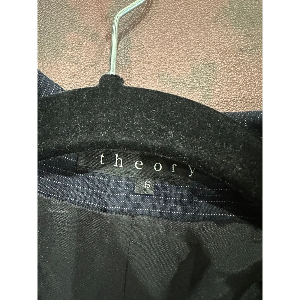 Theory Womens Navy Pinstripe Wool Blend Two Button Blazer Jacket Size 6